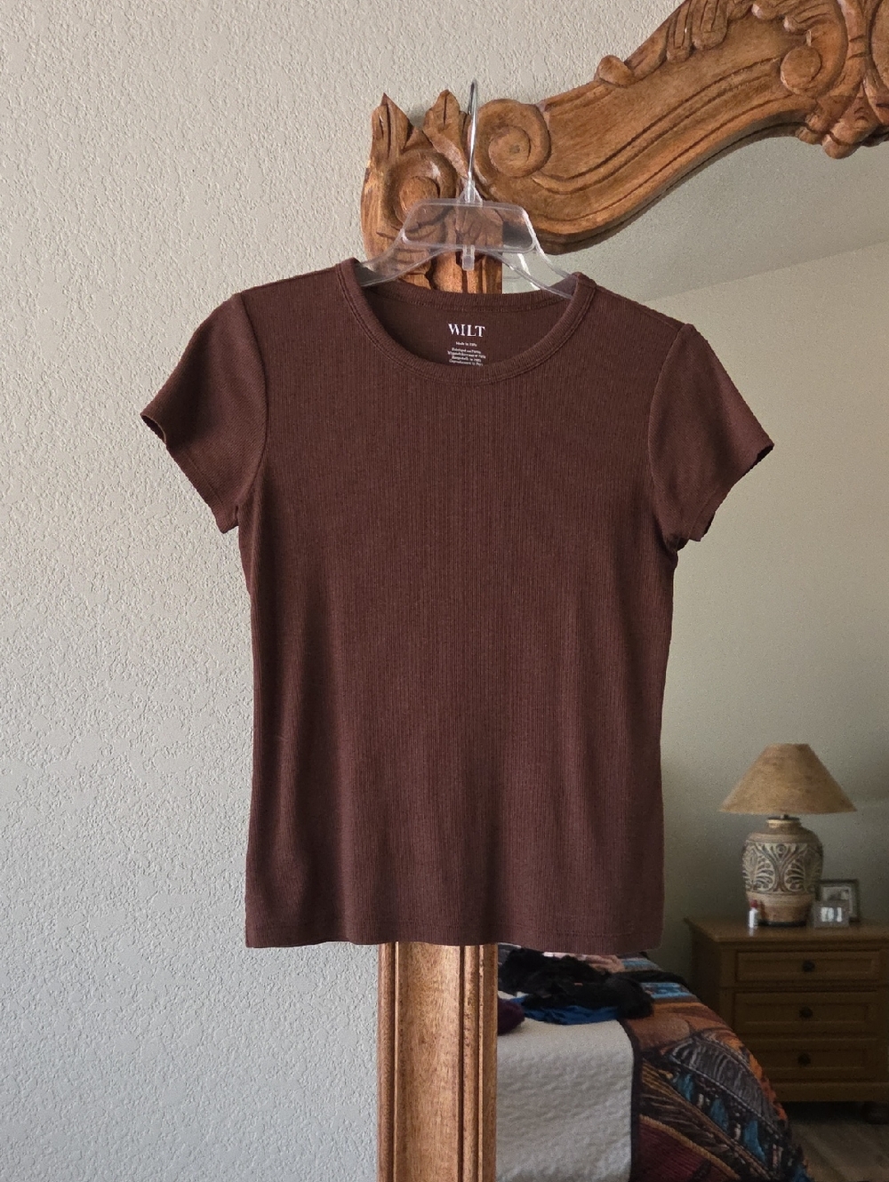 WILT Women's Brown Ribbed Short Sleeve Tee